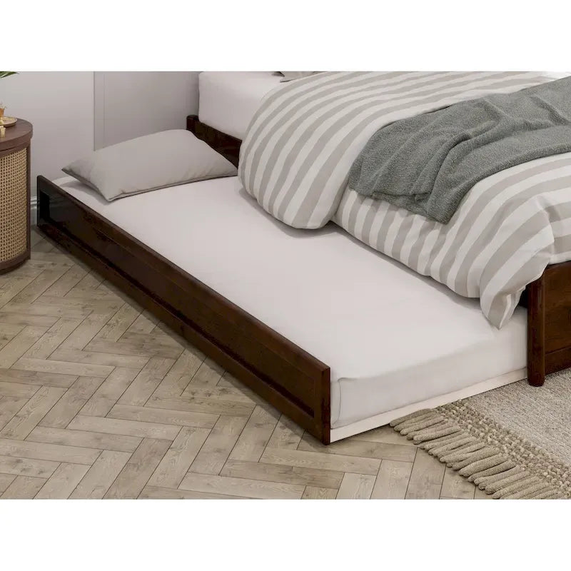 Lit plate-forme à panneaux en bois dur blanc/noyer/caramel clair avec lit gigogne double XL – Pour 2 personnes