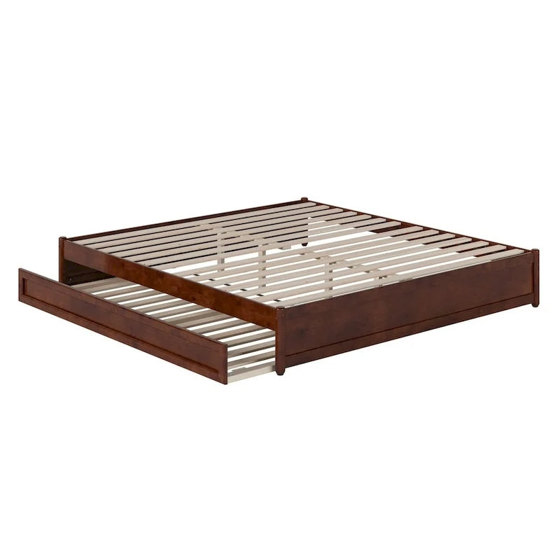Lit plate-forme à panneaux en bois dur blanc/noyer/caramel clair avec lit gigogne double XL – Pour 2 personnes