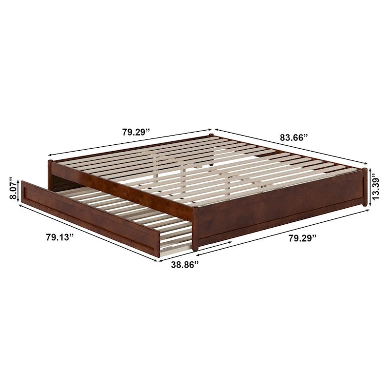Lit plate-forme à panneaux en bois dur blanc/noyer/caramel clair avec lit gigogne double XL – Pour 2 personnes