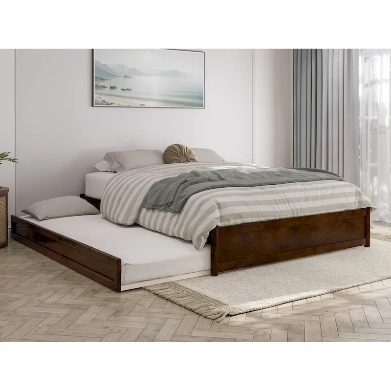 Lit plate-forme à panneaux en bois dur blanc/noyer/caramel clair avec lit gigogne double XL – Pour 2 personnes