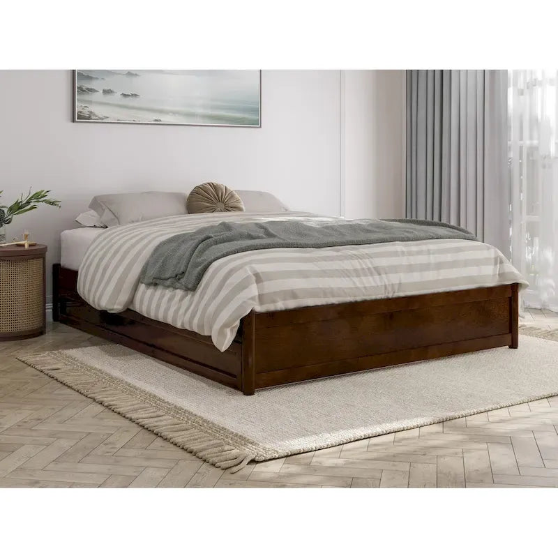 Lit plate-forme à panneaux en bois dur blanc/noyer/caramel clair avec lit gigogne double XL – Pour 2 personnes