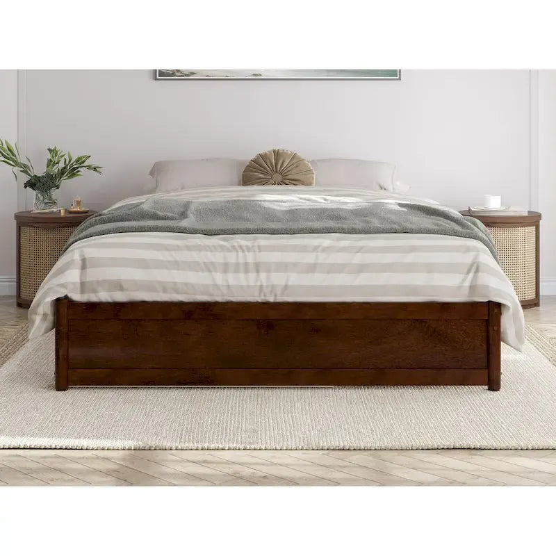 Lit plate-forme à panneaux en bois dur blanc/noyer/caramel clair avec lit gigogne double XL – Pour 2 personnes