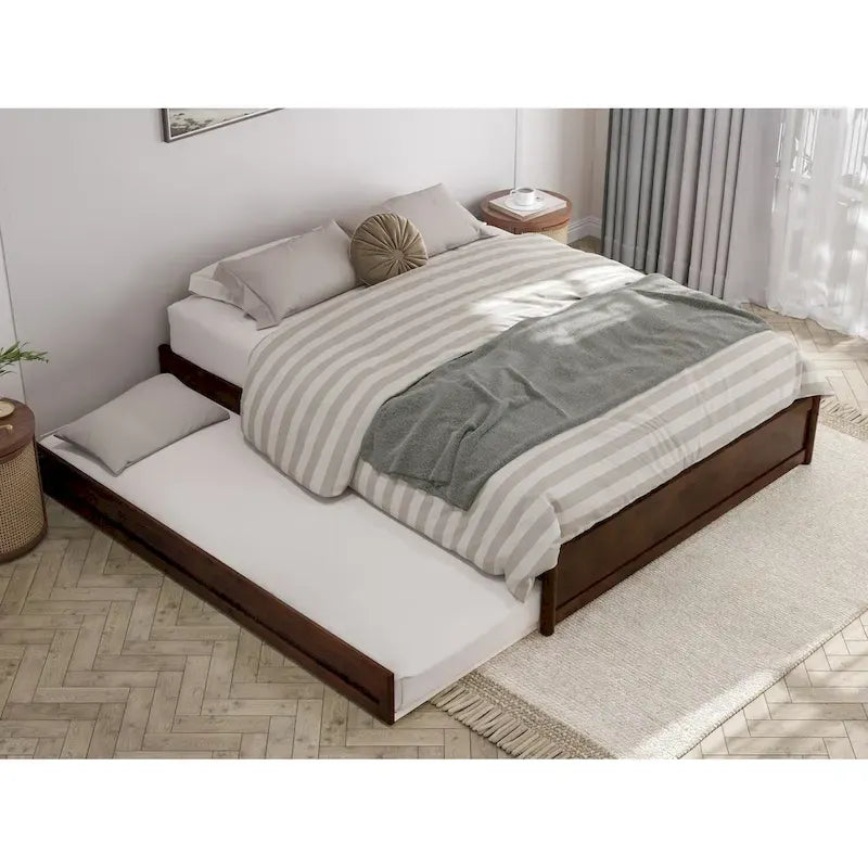 Lit plate-forme à panneaux en bois dur blanc/noyer/caramel clair avec lit gigogne double XL – Pour 2 personnes