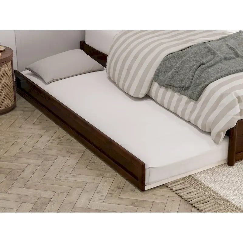 Lit plate-forme à panneaux en bois dur blanc/noyer/caramel clair avec lit gigogne double XL – Pour 2 personnes