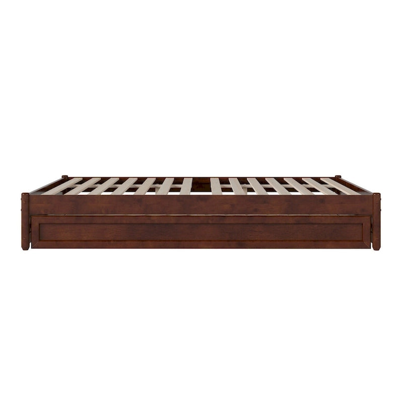 Lit plate-forme à panneaux en bois dur blanc/noyer/caramel clair avec lit gigogne double XL – Pour 2 personnes