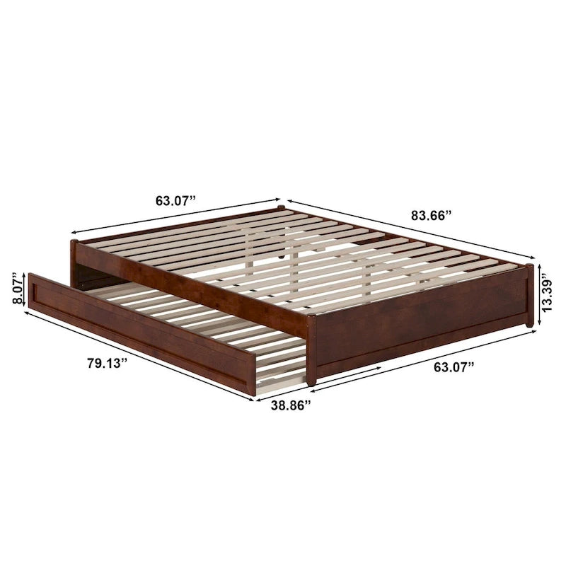 Lit plate-forme à panneaux en bois dur blanc/noyer/caramel clair avec lit gigogne double XL – Pour 2 personnes