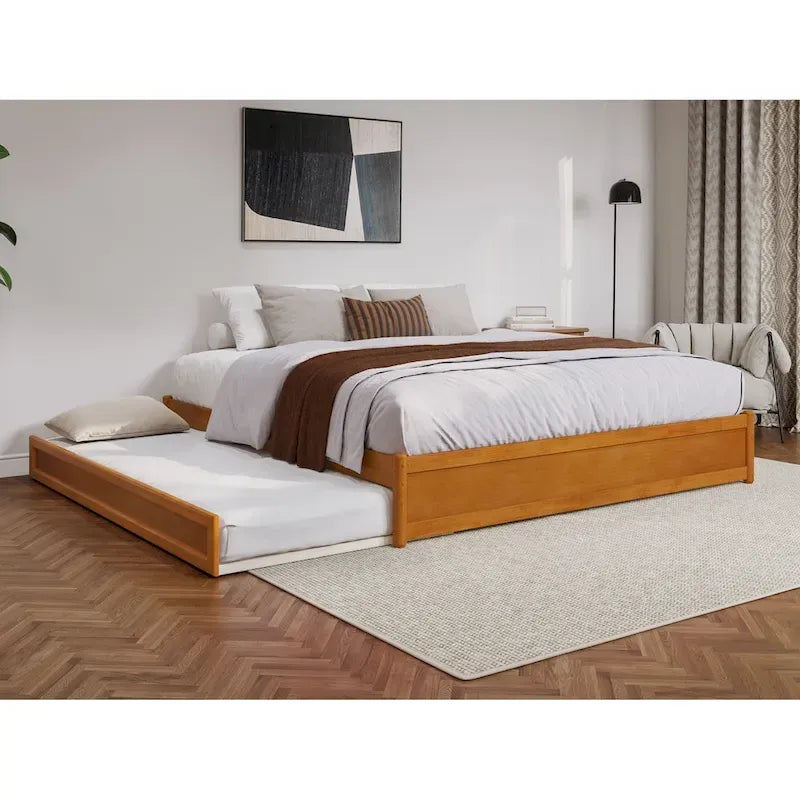 Lit plate-forme à panneaux en bois dur blanc/noyer/caramel clair avec lit gigogne double XL – Pour 2 personnes