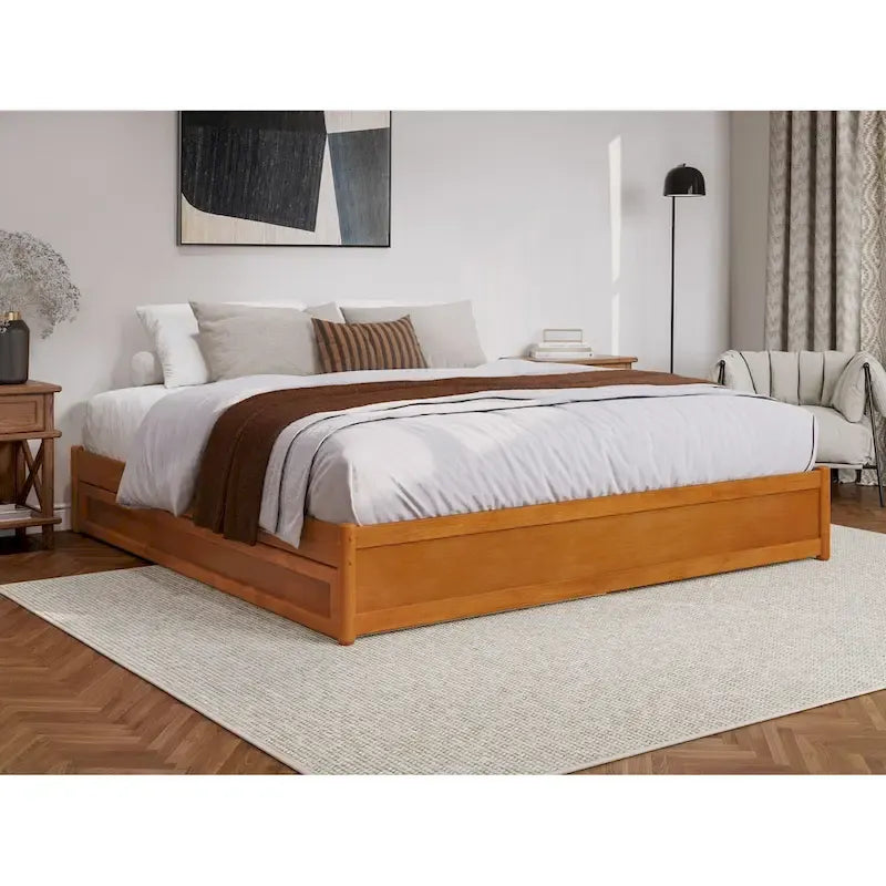 Lit plate-forme à panneaux en bois dur blanc/noyer/caramel clair avec lit gigogne double XL – Pour 2 personnes