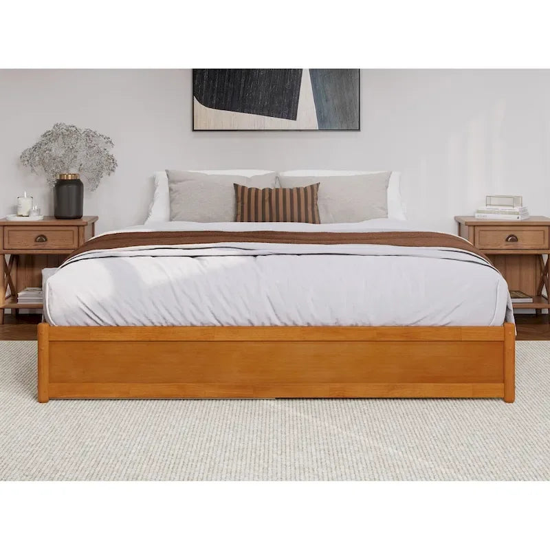 Lit plate-forme à panneaux en bois dur blanc/noyer/caramel clair avec lit gigogne double XL – Pour 2 personnes