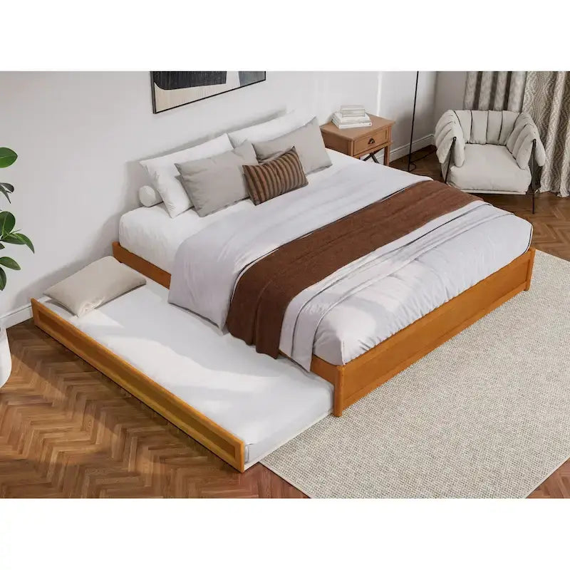Lit plate-forme à panneaux en bois dur blanc/noyer/caramel clair avec lit gigogne double XL – Pour 2 personnes