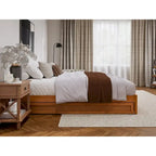 Lit plate-forme à panneaux en bois dur blanc/noyer/caramel clair avec lit gigogne double XL – Pour 2 personnes