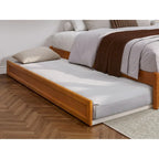 Lit plate-forme à panneaux en bois dur blanc/noyer/caramel clair avec lit gigogne double XL – Pour 2 personnes