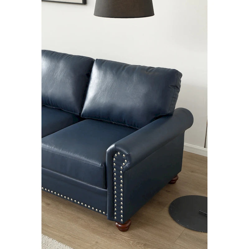 Causeuse en similicuir bleu marine avec clous décoratifs argentés et rangement sous l'assise - 2 places