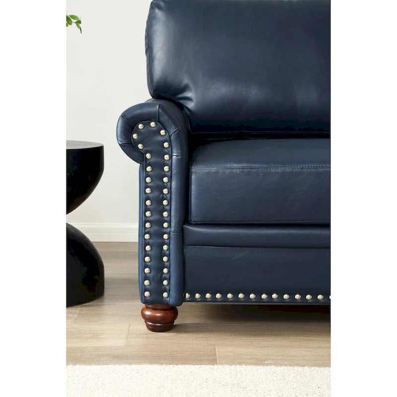 Causeuse en similicuir bleu marine avec clous décoratifs argentés et rangement sous l'assise - 2 places