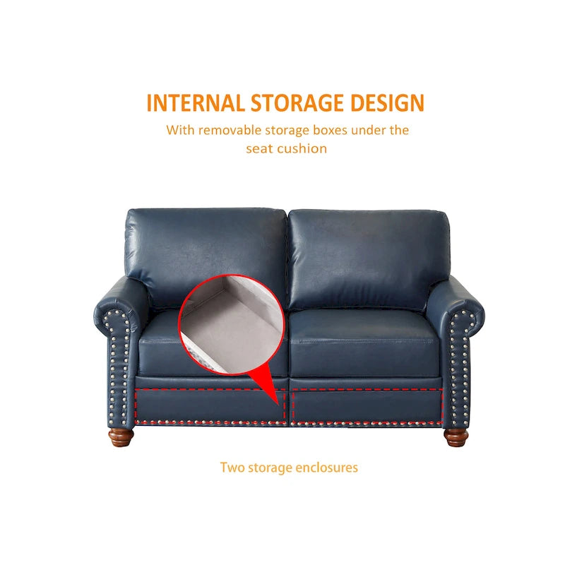 Causeuse en similicuir bleu marine avec clous décoratifs argentés et rangement sous l'assise - 2 places