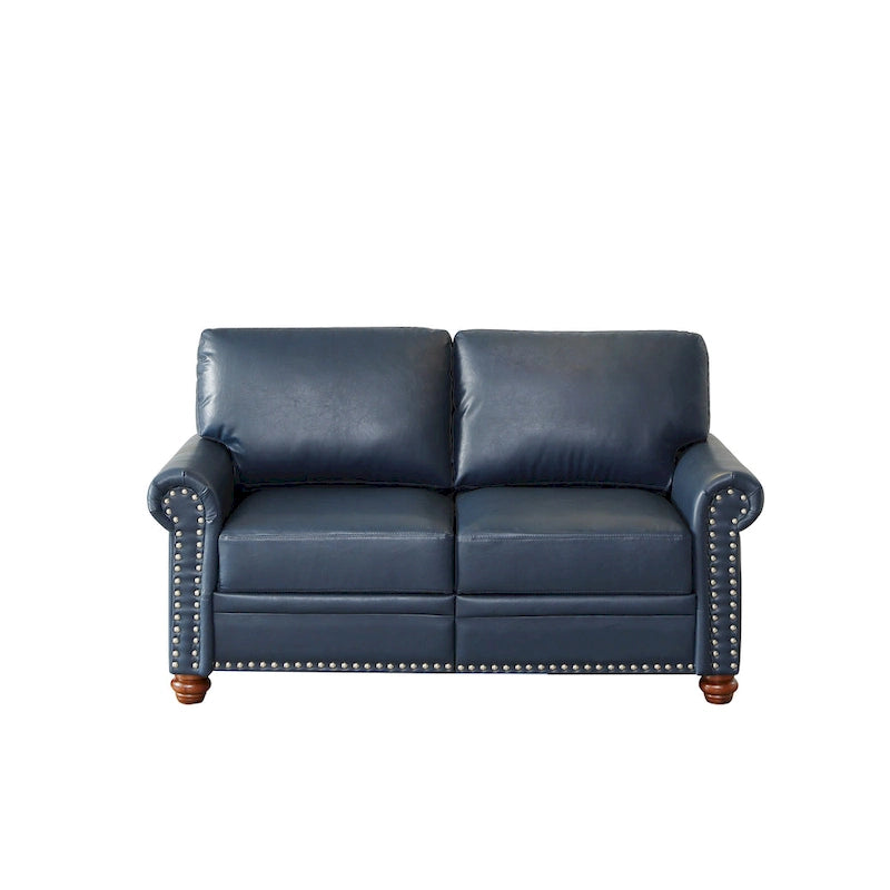 Causeuse en similicuir bleu marine avec clous décoratifs argentés et rangement sous l'assise - 2 places