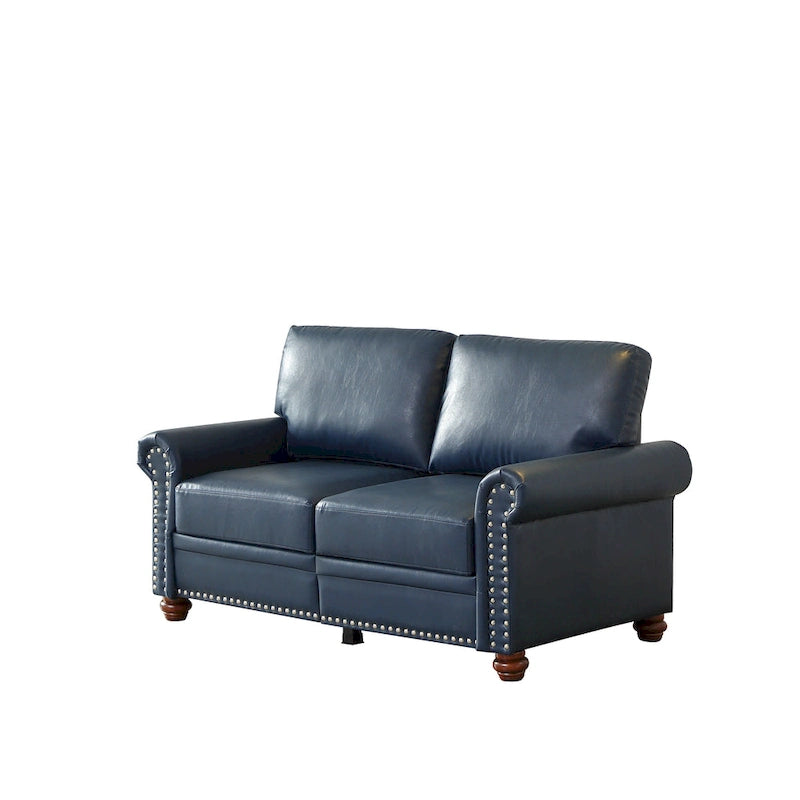 Causeuse en similicuir bleu marine avec clous décoratifs argentés et rangement sous l'assise - 2 places