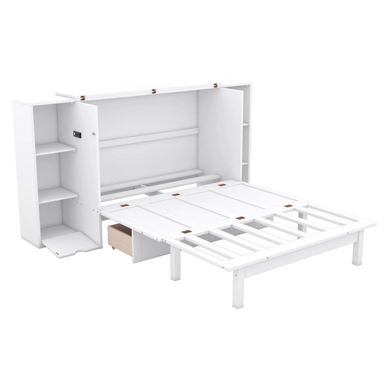 Lit mural escamotable gris pleine grandeur avec étagères, tiroirs et ports USB - Convient à 2 personnes