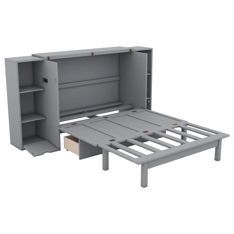 Lit mural escamotable gris pleine grandeur avec étagères, tiroirs et ports USB - Convient à 2 personnes