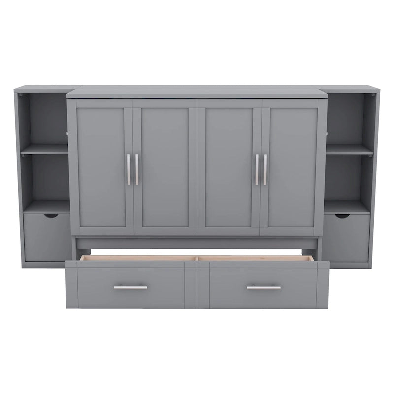 Lit mural escamotable gris pleine grandeur avec étagères, tiroirs et ports USB - Convient à 2 personnes