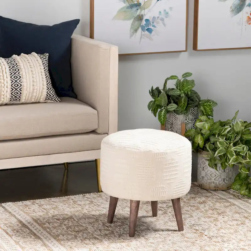 Tabouret rond en coton capitonné crème/marron avec surpiqûres rehaussées - Usage unique