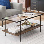 Table basse à plateau en verre à 2 niveaux Or et Chêne / Noyer Chaud et Noir Mid-Century - Usage unique
