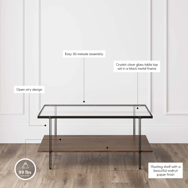 Table basse à plateau en verre à 2 niveaux Or et Chêne / Noyer Chaud et Noir Mid-Century - Usage unique