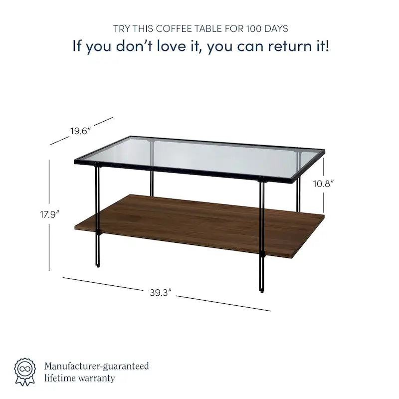 Table basse à plateau en verre à 2 niveaux Or et Chêne / Noyer Chaud et Noir Mid-Century - Usage unique