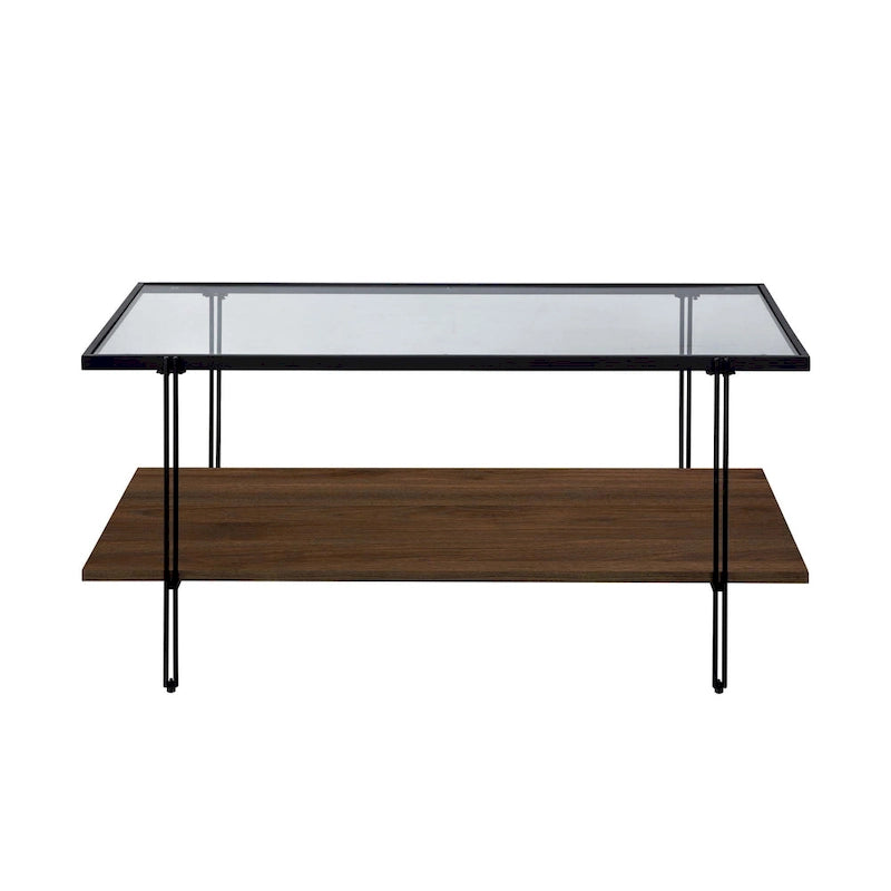 Table basse à plateau en verre à 2 niveaux Or et Chêne / Noyer Chaud et Noir Mid-Century - Usage unique