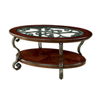 Table basse en verre marron-cerise avec cadre métallique orné de volutes et étagères ouvertes - Usage unique