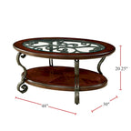 Table basse en verre marron-cerise avec cadre métallique orné de volutes et étagères ouvertes - Usage unique