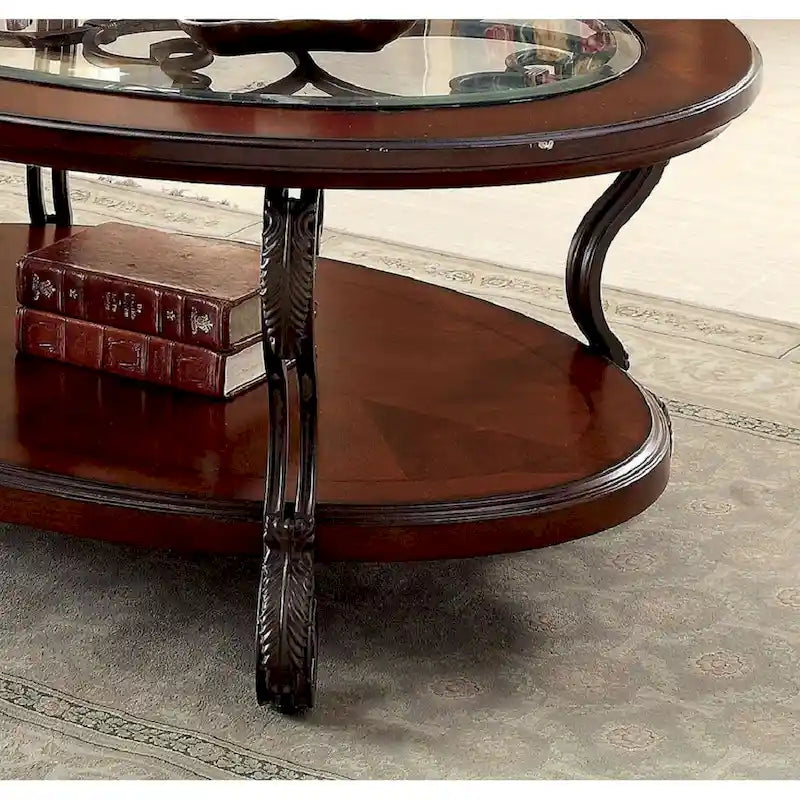 Table basse en verre marron-cerise avec cadre métallique orné de volutes et étagères ouvertes - Usage unique