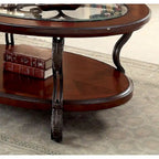 Table basse en verre marron-cerise avec cadre métallique orné de volutes et étagères ouvertes - Usage unique