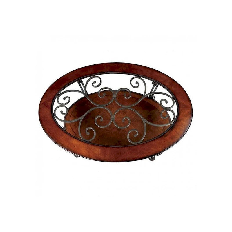 Table basse en verre marron-cerise avec cadre métallique orné de volutes et étagères ouvertes - Usage unique