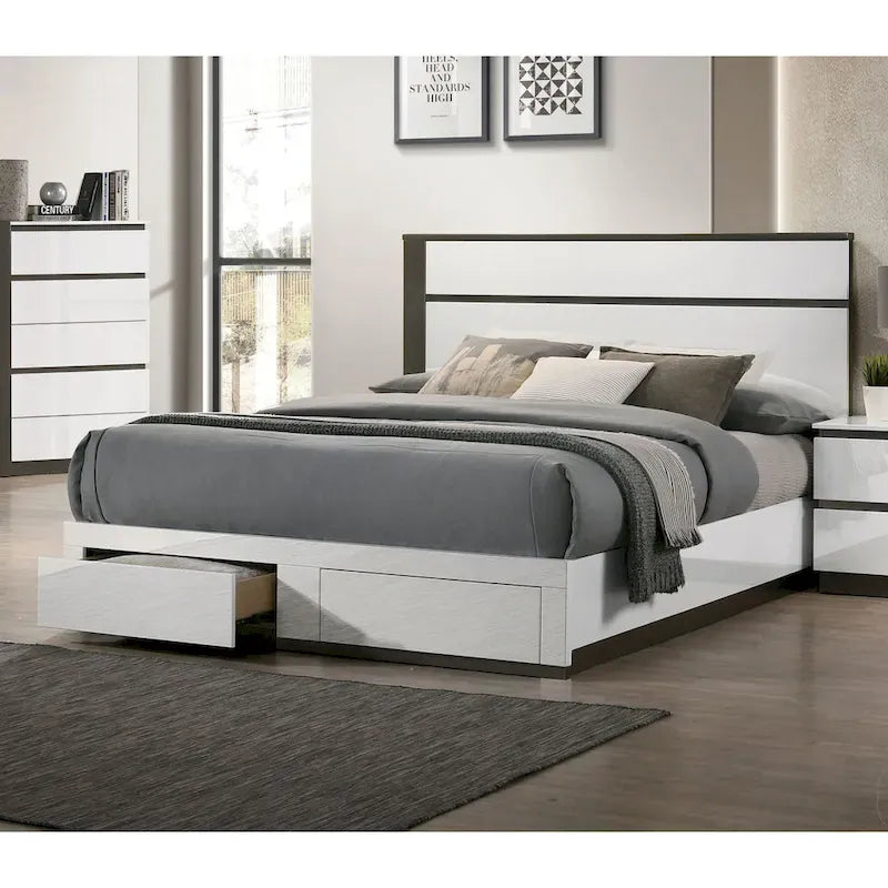 Lit plateforme asymétrique à 2 tiroirs, blanc/gris métallisé - Pour 2 personnes