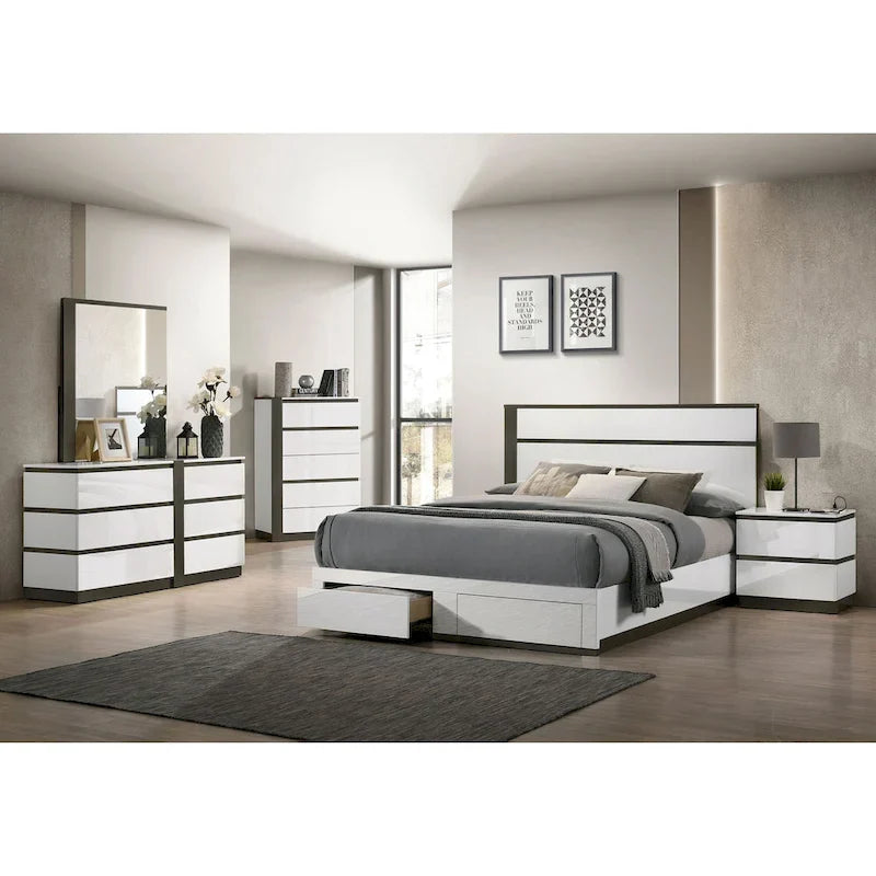 Lit plateforme asymétrique à 2 tiroirs, blanc/gris métallisé - Pour 2 personnes