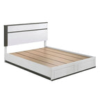 Lit plateforme asymétrique à 2 tiroirs, blanc/gris métallisé - Pour 2 personnes