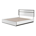 Lit plateforme asymétrique à 2 tiroirs, blanc/gris métallisé - Pour 2 personnes