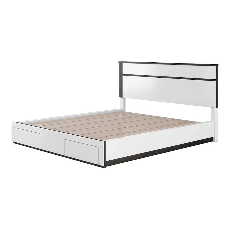 Lit plateforme asymétrique à 2 tiroirs, blanc/gris métallisé - Pour 2 personnes