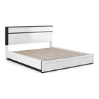 Lit plateforme asymétrique à 2 tiroirs, blanc/gris métallisé - Pour 2 personnes