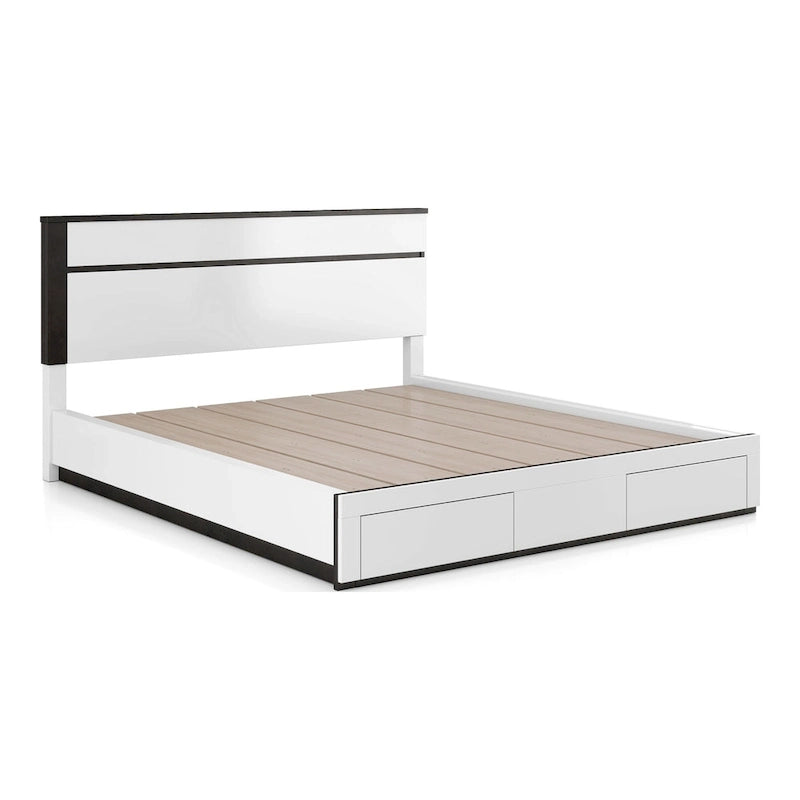 Lit plateforme asymétrique à 2 tiroirs, blanc/gris métallisé - Pour 2 personnes