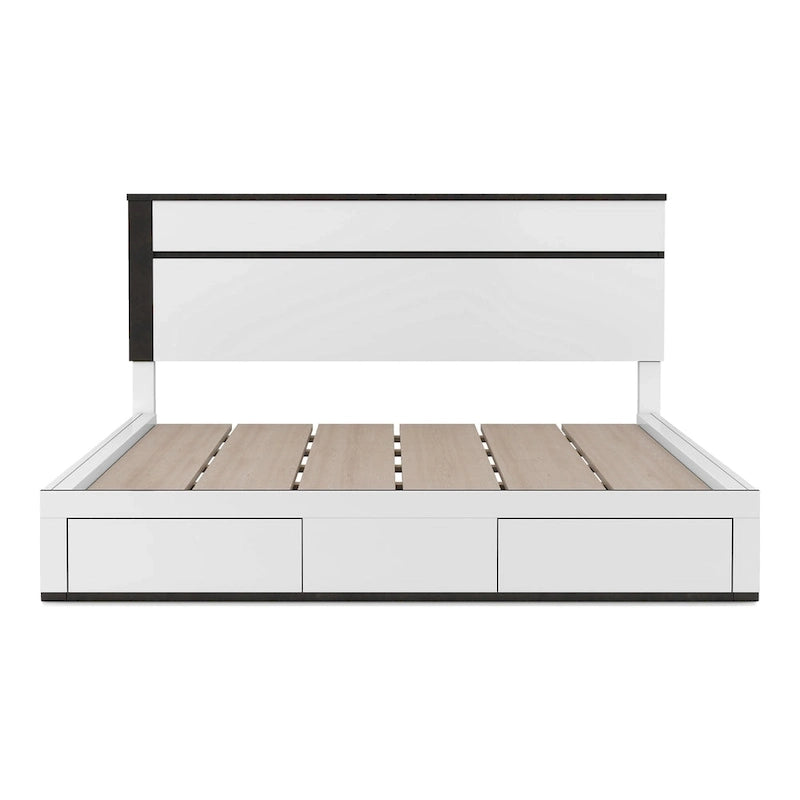 Lit plateforme asymétrique à 2 tiroirs, blanc/gris métallisé - Pour 2 personnes
