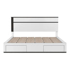 Lit plateforme asymétrique à 2 tiroirs, blanc/gris métallisé - Pour 2 personnes