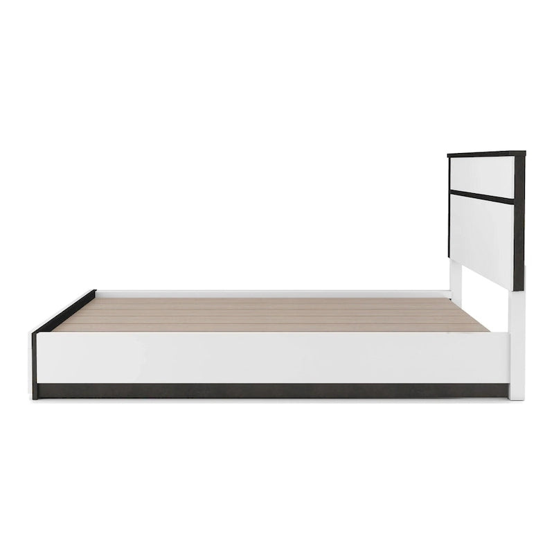 Lit plateforme asymétrique à 2 tiroirs, blanc/gris métallisé - Pour 2 personnes