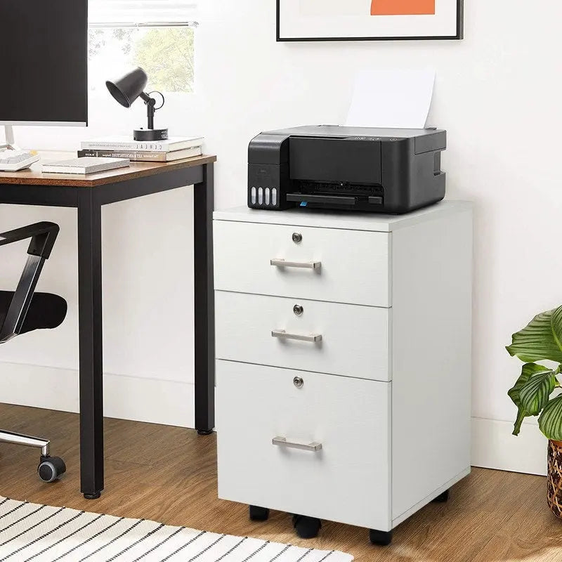 Caisson de classement à 3 tiroirs en MDF, coloris Chêne / Noir / Blanc / Gris, avec serrure et roulettes
