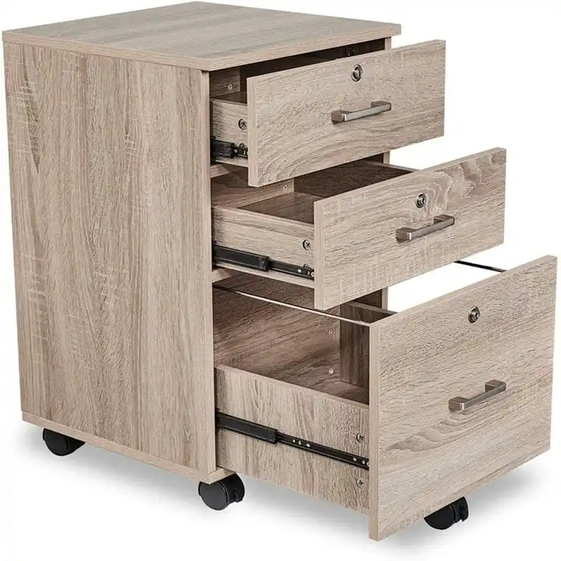 Caisson de classement à 3 tiroirs en MDF, coloris Chêne / Noir / Blanc / Gris, avec serrure et roulettes