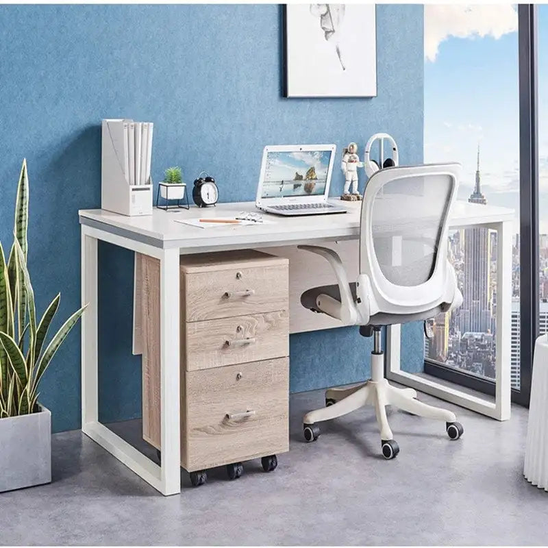 Caisson de classement à 3 tiroirs en MDF, coloris Chêne / Noir / Blanc / Gris, avec serrure et roulettes