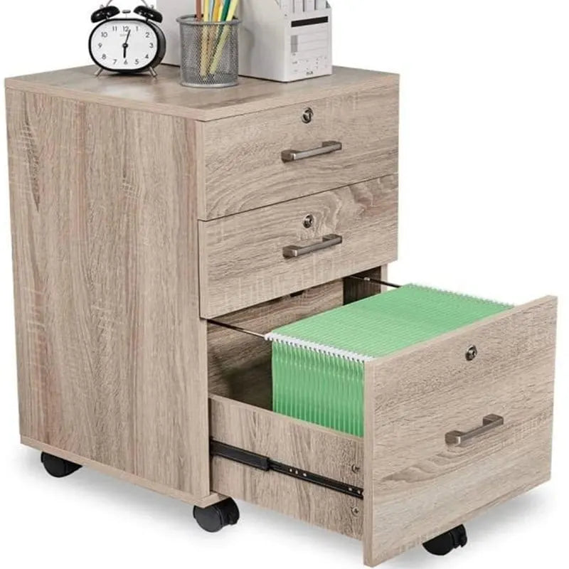 Caisson de classement à 3 tiroirs en MDF, coloris Chêne / Noir / Blanc / Gris, avec serrure et roulettes