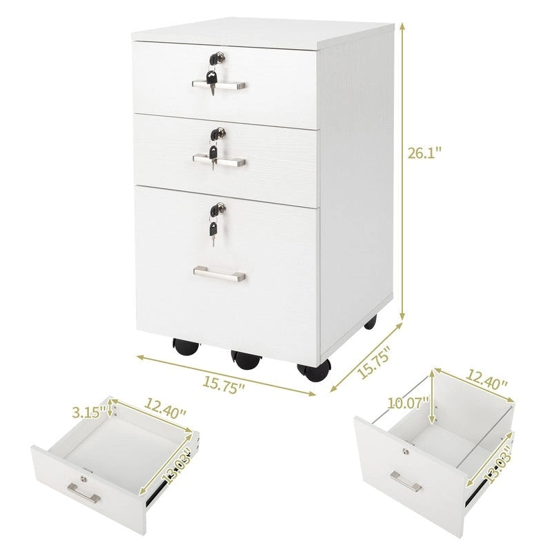 Caisson de classement à 3 tiroirs en MDF, coloris Chêne / Noir / Blanc / Gris, avec serrure et roulettes