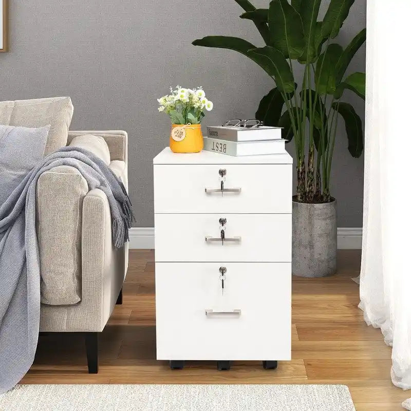 Caisson de classement à 3 tiroirs en MDF, coloris Chêne / Noir / Blanc / Gris, avec serrure et roulettes